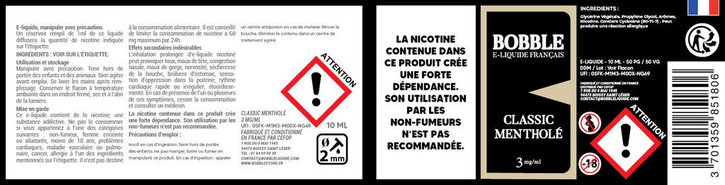 Bobble 10ml - Classic Mentholé 