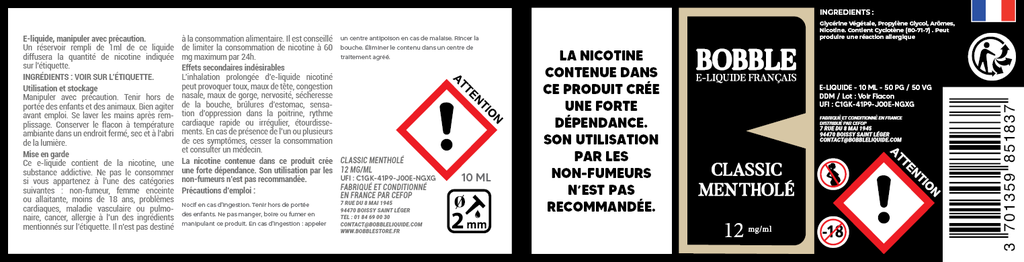 Bobble 10ml - Classic Mentholé 